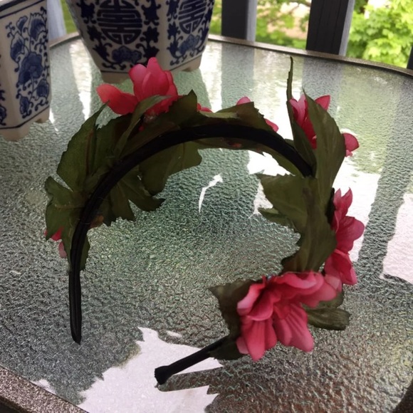 Pink Floral Headband with Forest Green Leaves - Picture 6 of 6